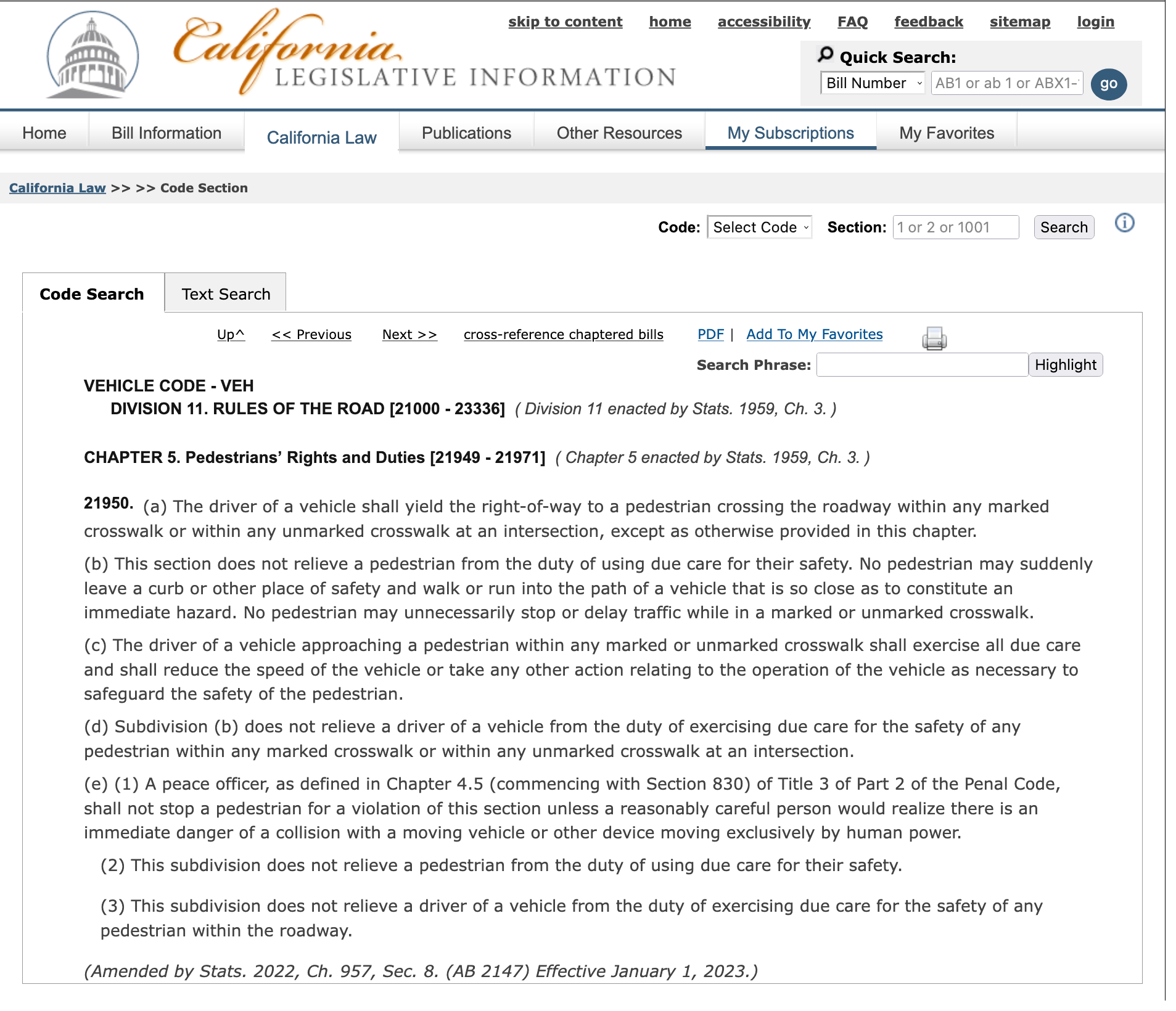 screenshot of the text of California Vehicle Code 21950