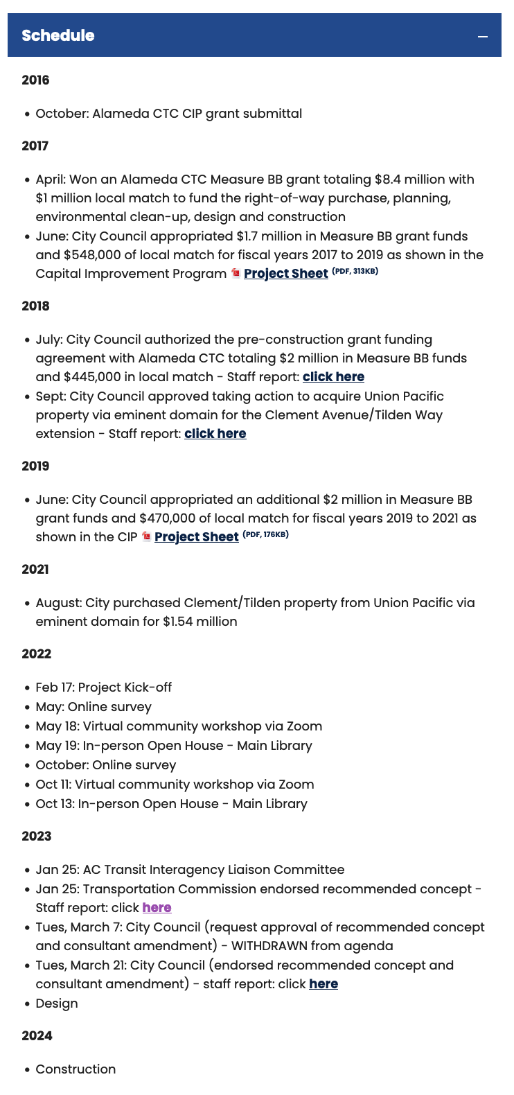schedule from 2016 to 2024 for the Clement Ave/Tilden Way project