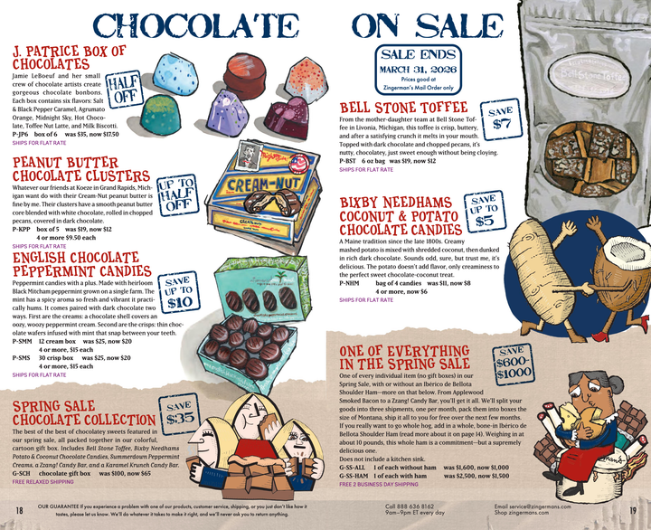 two-page spread from a Zingerman's food catalog listing chocolate on sale